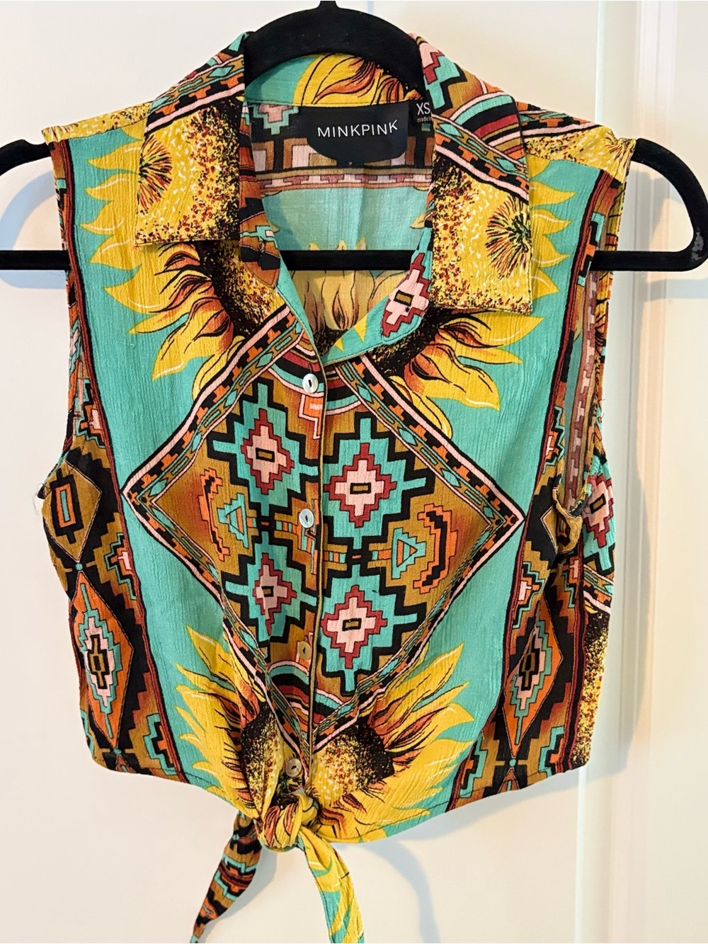 MINKPINK Turquoise Sunflower Aztec Tie-Front button up Top